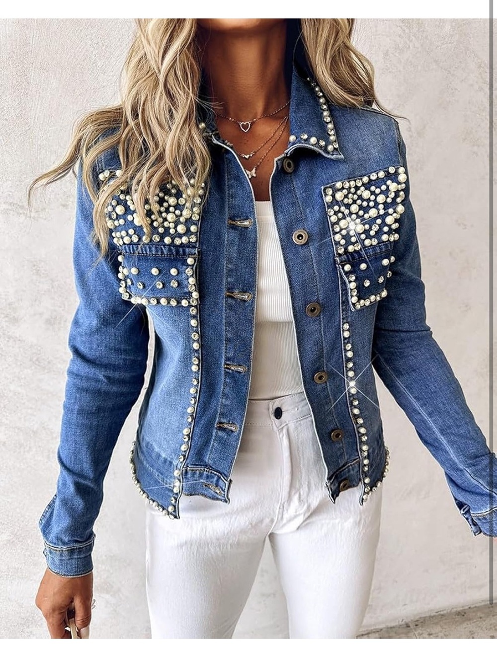 Denim Pearl Embellished Jean Jacket - Blue - Picture 5 of 5